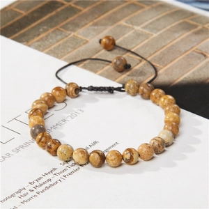 Adjustable 6mm natural stone beaded bracelet with vintage woven cord and brown textures
