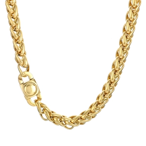 Polished 10mm golden stainless steel woven basket chain necklace with a round clasp