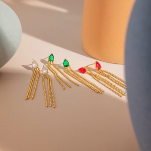 Elegant 18k gold stainless steel fringe earrings with colorful teardrop crystals