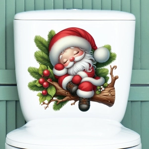 Christmas toilet sticker featuring a sleeping Santa Claus on pine branches decoration