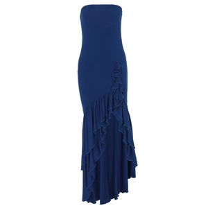 Detail of navy blue tube dress featuring asymmetric ruffled layers and mermaid silhouette