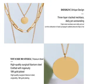 Detail of 18K gold plated titanium steel triple-layered necklace with a polished round charm