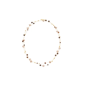 Vintage tiger eye beaded necklace with pink and gold accents on a plain white background