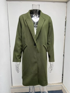 Detail view of olive green wool coat featuring a notch lapel and classic button closure