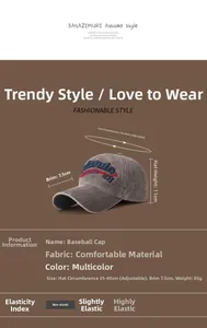 Detailed size guide of a vintage grey washed baseball cap with letter embroidery