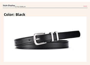 Classic black slim leather belt with silver needle buckle and metallic loops for women