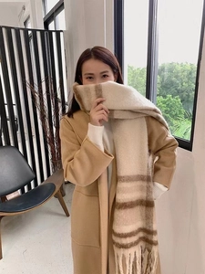 Detail of beige plaid mohair scarf with tassels paired with a stylish khaki winter coat