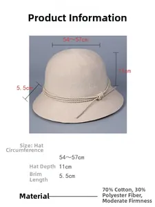Detailed technical drawing of a beige knit cloche hat showing dimensions and material composition