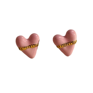 Pink enamel heart stud earrings with gold chain accent in high quality stainless steel