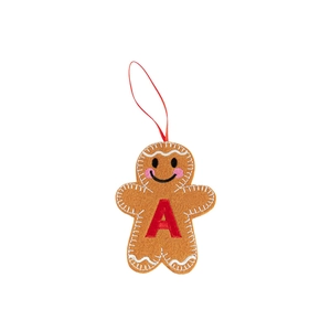 Brown felt gingerbread man ornament with red letter A and hanging string for Christmas