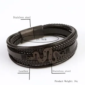 Mens multi-layer braided leather bracelet with stainless steel snake motif, 21.5cm long