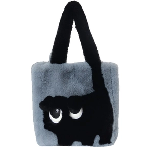Plush tote bag featuring a creative grey cat cartoon pattern with soft faux fur texture