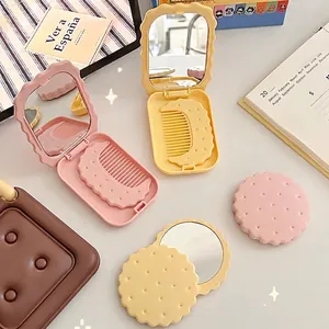 Compact Makeup Mirror And Comb Foldable Portable Biscuit Shaped Novelty Cute PP Plastic Glass For Students Girls Travel