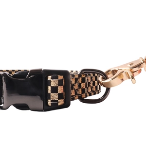 Laser checkered dog collar with black plastic buckle and rose gold metal D-ring