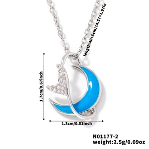 Detail view of blue moon pendant with exact measurements of length, height and weight