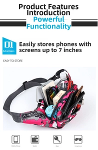 Multi-compartment camo waist bag showing large storage capacity for phone and water bottle
