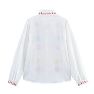 White cotton linen long-sleeve shirt with red floral embroidery and ruffled stand collar