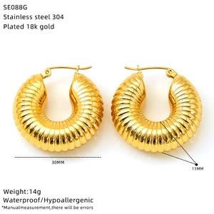 Detailed view of 30mm hollow gold-plated stainless steel hoop earrings with size specs