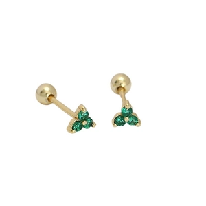 925 silver golden clover stud earrings with green gemstones and ball back screw design