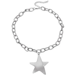 Close-up of silver chunky chain necklace featuring a flat pentagram star pendant with clasp