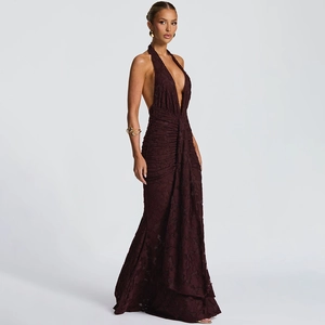Detail showing deep brown halter neck dress with textured fabric and slim fit design