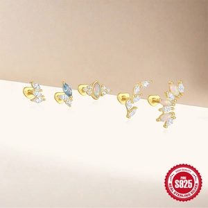 S925 sterling silver cartilage stud set with heart and marquise blue stones