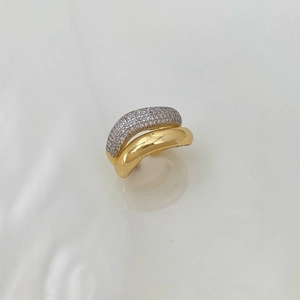 Minimalist double layer 18K gold ring featuring one polished band and one pavé zircon band