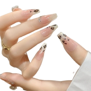 Long coffin fake nails with leopard print, pink gradient, silver glitter and rhinestones