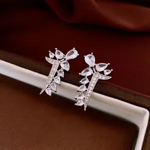 Leaf-shaped silver stud earrings featuring sparkling pear-cut cubic zirconia crystals