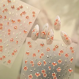 5D Embossed Flower Nail Art Stickers Orange Floral Gold Outlines Artificial Pearl Accents Self Adhesive Retro DIY Decor