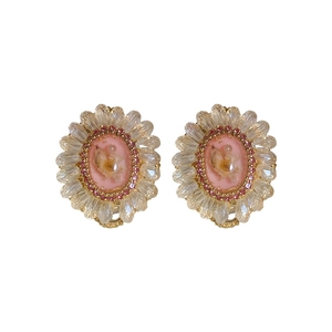 Exquisite pink crystal flower stud earrings with gold metal base and sparkling rhinestones