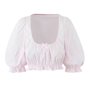 Pink puff sleeve crop top with square neck and bow detail on a white background