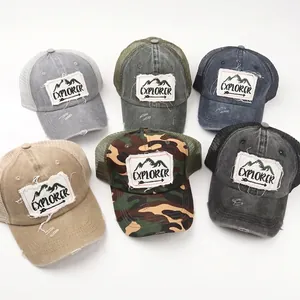 Vintage mesh trucker hats with mountain explorer embroidery in multiple colors