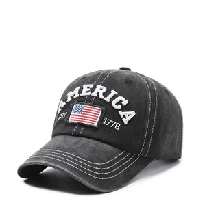 Detail of vintage washed baseball cap featuring American flag embroidery and dual stitching