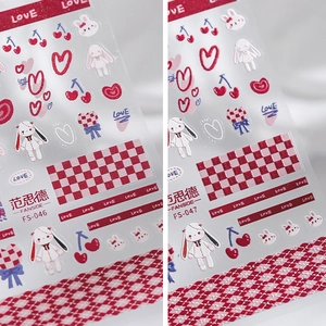 Embossed Nail Art Stickers Self Adhesive Cartoon Rabbit Heart Cherry Red White Sweet Girl Manicure Decals