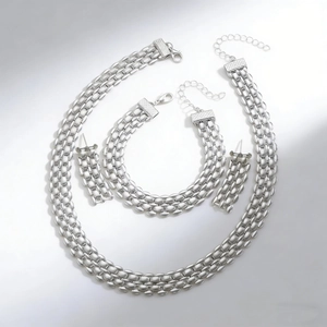 Matte silver watch-band chain necklace and bracelet set with matching earrings on white