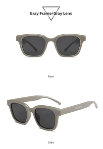 Detail view of square grey frame sunglasses with Trend x Fashion text on the temples
