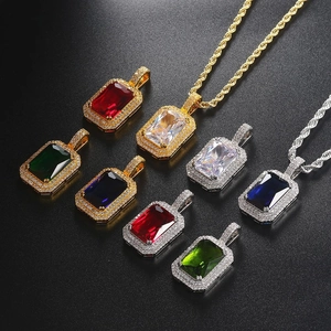 Hip-Hop-Anhänger mit rechteckigem Edelstein, Zirkonia-Besatz und Seilkette in Gold-Silber
