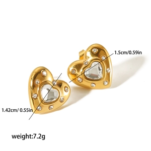 Elegant 18K gold plated stainless steel heart stud earrings with sparkling crystals