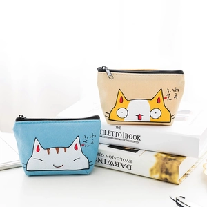 Cute canvas cat coin purses in light blue and beige with zipper closure for storage