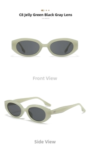 Detailed front and side view of jelly green cat eye sunglasses with metal accents