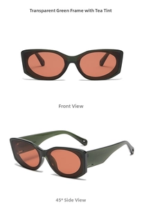 Detail view of retro square tea lenses with translucent green frame and cut-out temples