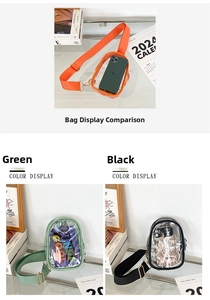 Detailed comparison of transparent PVC crossbody chest bags in orange, green, and black