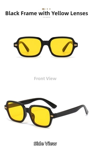 Rectangle sunglasses with black frame, yellow lenses and side diamond metal rivets