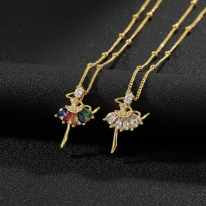 Luxury Ballet Dancer Pendant Necklace For Women Copper Gold Plated Hollow Inlaid Rhinestone Jewelry Ins Style Fashion Gift