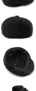 Detailed views of wool flat cap showing crown construction and ear protection flaps