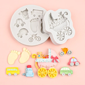 Silicone mold set for cartoon baby stroller, school bus and footprints cake decor
