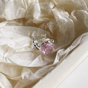 Heart Ring 925 Sterling Silver Pink Zirconia Wavy Band Adjustable Elegant Jewelry For Women Minimalist Sweet Style