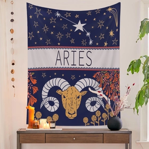 Detail view of Aries zodiac tapestry with ram design and constellation patterns on white wall