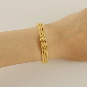 Bracelet jonc ajustable en acier titane doré à double rangée tressée motif épi pour femme